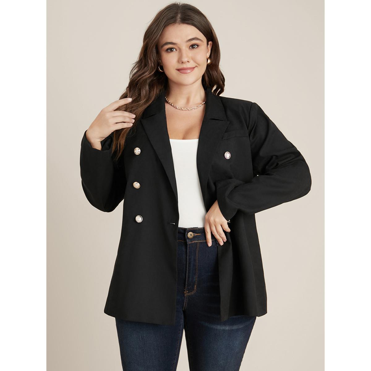 Plus Size Solid Button Up Suit Collar Blazer Black Women Work Plain Button Sleeve Long Sleeve Suit Collar 28/5X Office Blazers BloomChic Product Image