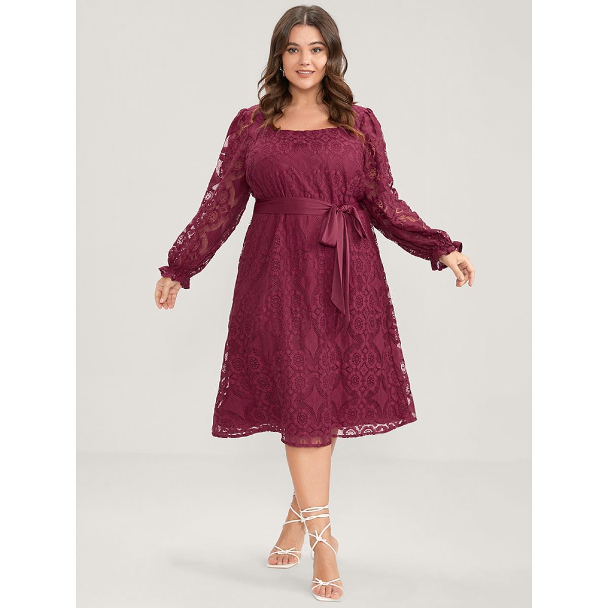 Plus Size Solid Square Neck Lantern Sleeve Belted Lace Dress Scarlet Women Glamour Belted Square Neck Long Sleeve Curvy Midi Dress BloomChic 12/L Product Image