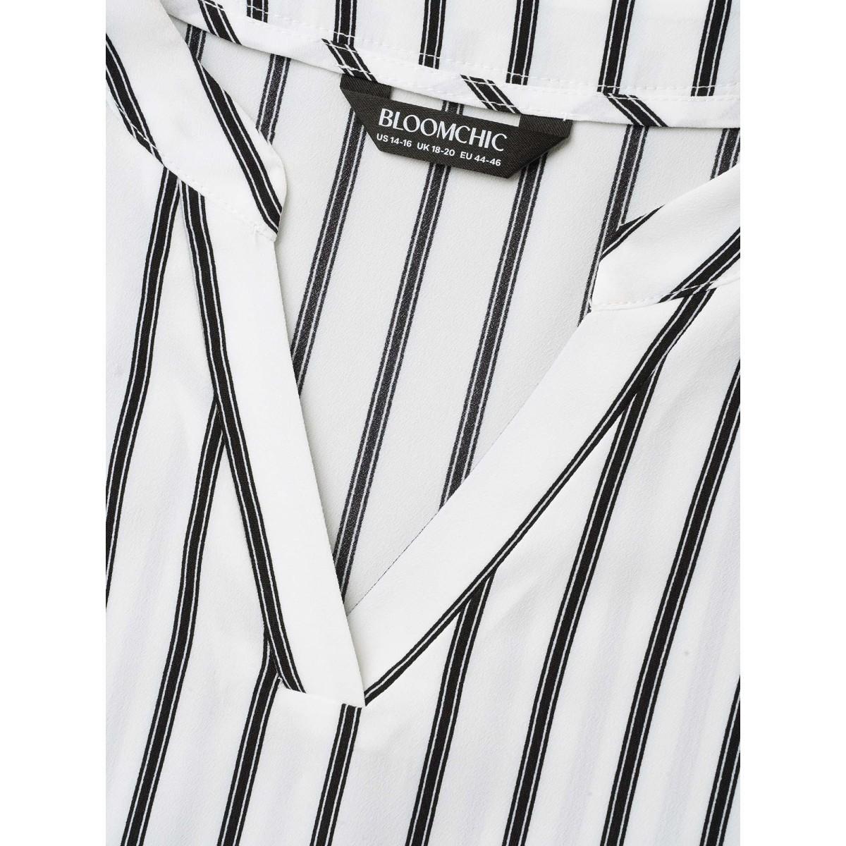 Plus Size WhiteSmoke Notched Collar Striped Tab Sleeve Shirt Women At the Office Elbow-length sleeve Notched collar Work Blouses BloomChic 26/4X Product Image