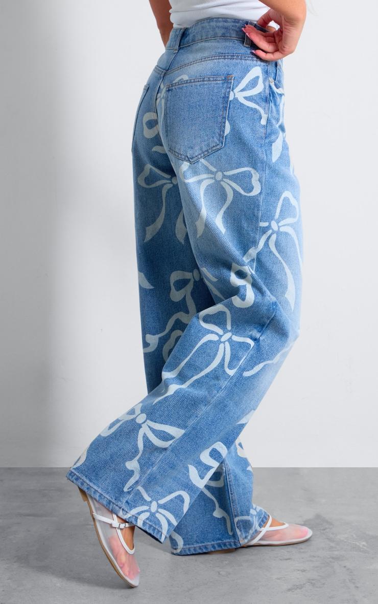 Light Blue Ribbon Laser Print Wide Leg Jeans Product Image