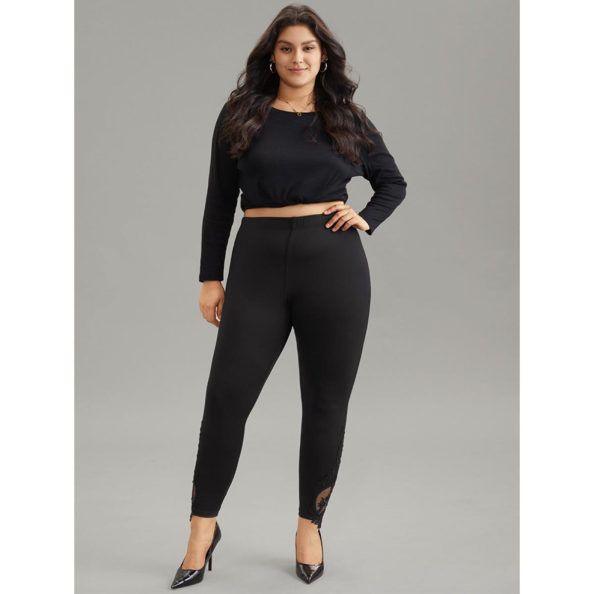 Plus Size High Rise Crochet Lace Mesh Hem Leggings Women Black Casual High stretch Skinny High Rise Dailywear Leggings BloomChic 10/M Product Image