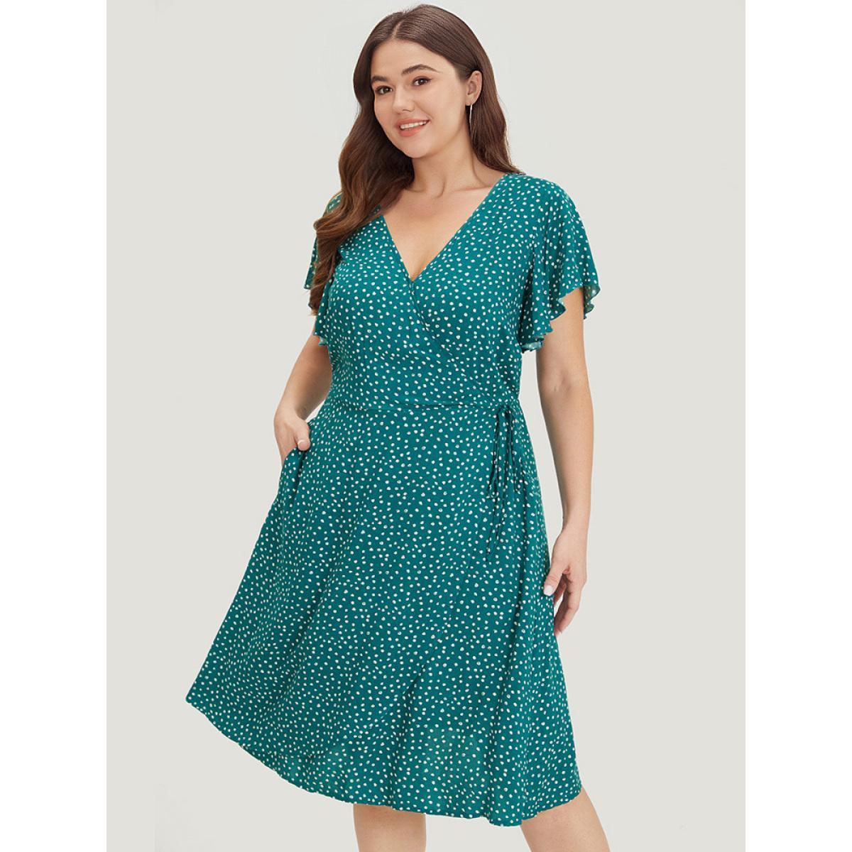 Plus Size Polka Dot Ties Wrap Hem Ruffle Cap Sleeve Dress Emerald Women Elegant Cross straps V-neck Cap Sleeve Curvy Knee Dress BloomChic 26/4X Product Image