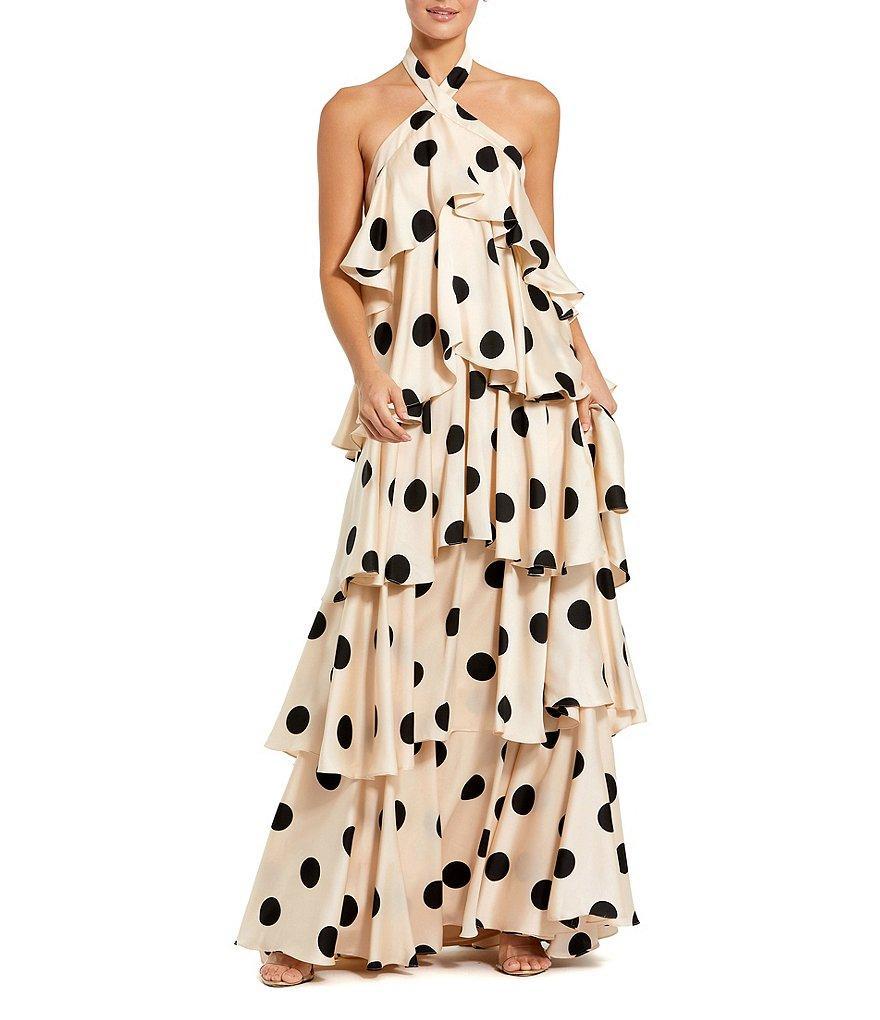 Mac Duggal Charmeuse Dotted Print Halter Neck Sleeveless Ruffle Tiered Gown Product Image