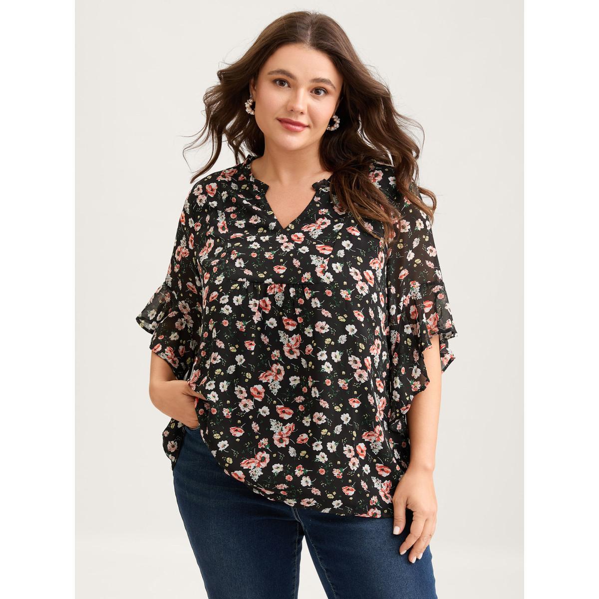 Plus Size Black Chiffon Floral Ruffled Sleeve Blouse Women Elbow-length sleeve Notched collar Everyday-Elegant Blouses BloomChic 18-20/2X Product Image