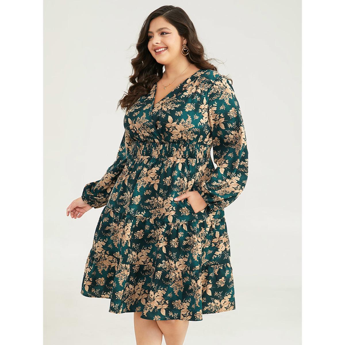 Plus Size Silhouette Floral Print Surplice Neck Shirred Dress Cyan Women Elegant Elastic cuffs V-neck Long Sleeve Curvy Midi Dress BloomChic 28/5X Product Image