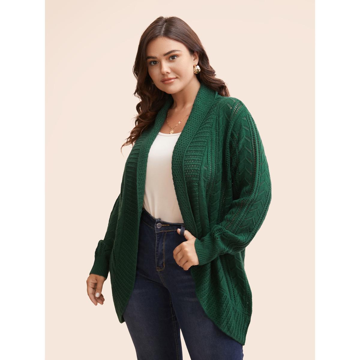 Plus Size Kimono Collar Cable Knit Arc Hem Cardigan DarkGreen Women Casual Loose Long Sleeve Everyday Cardigans BloomChic 30/6X Product Image