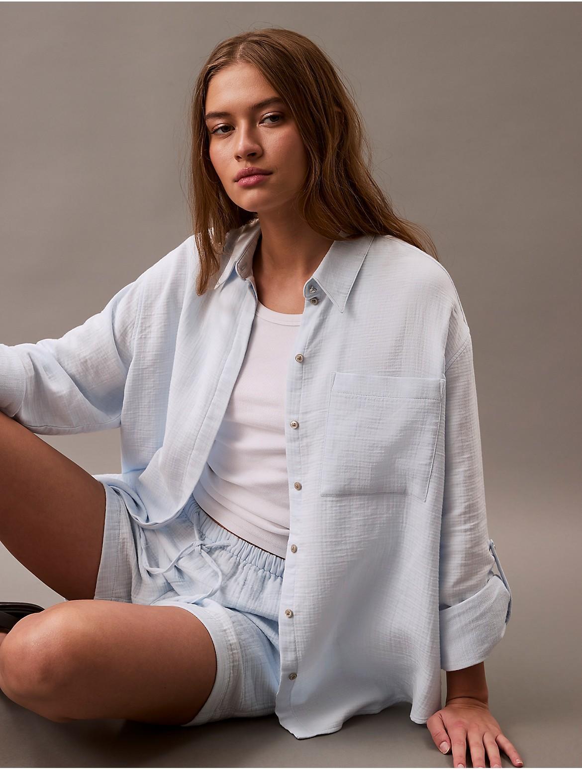 Calvin Klein Women's Double Gauze Roll Tab Button-Down Shirt - Neutral - XL Product Image
