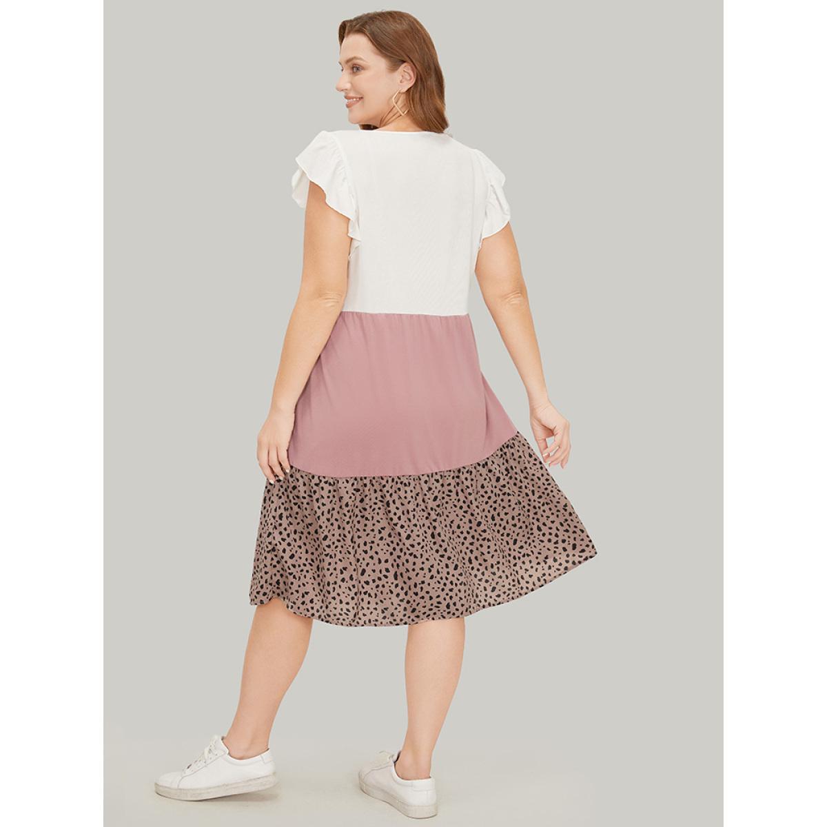 Plus Size Leopard Contrast Ruffle Trim Pocket Layered Hem Dress Multicolor Women Casual Patchwork Round Neck Cap Sleeve Curvy Midi Dress BloomChic 14-16/1X Product Image
