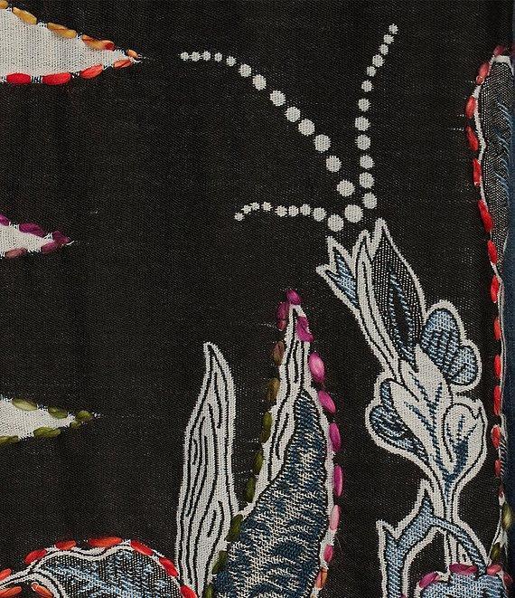 John Mark Embroidered Scarf Jacquard Point Collar Long Roll-Tab Sleeve Button Front Blouse Product Image