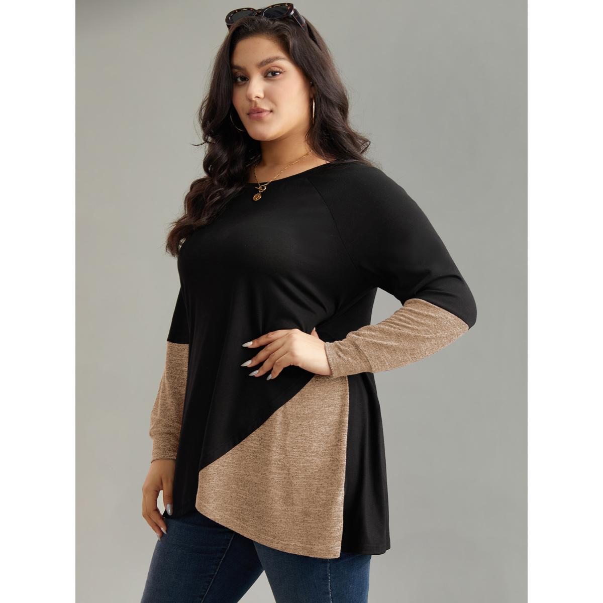 Plus Size Two Tone Patchwork Heather Arc Hem T-shirt Tan Women Casual Contrast Plain Round Neck Dailywear T-shirts BloomChic 26/4X Product Image