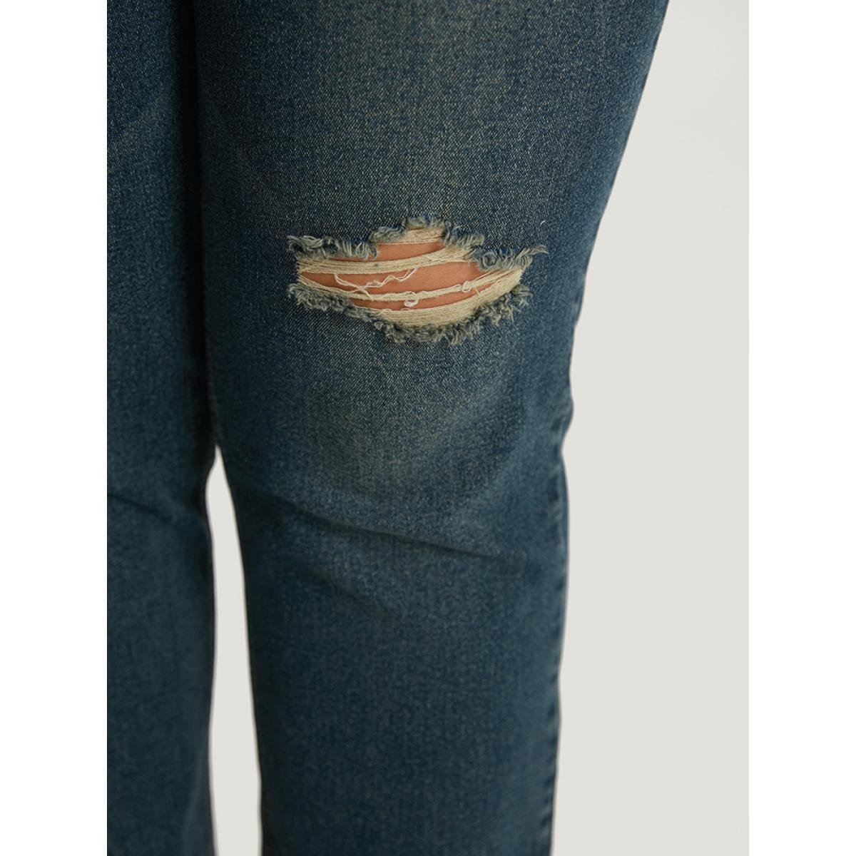 Plus Size Solid Ripped Roll Hem Pocket Straight Leg Jeans Women Indigo Casual Plain Plain High stretch Pocket Jeans BloomChic 12/L Product Image
