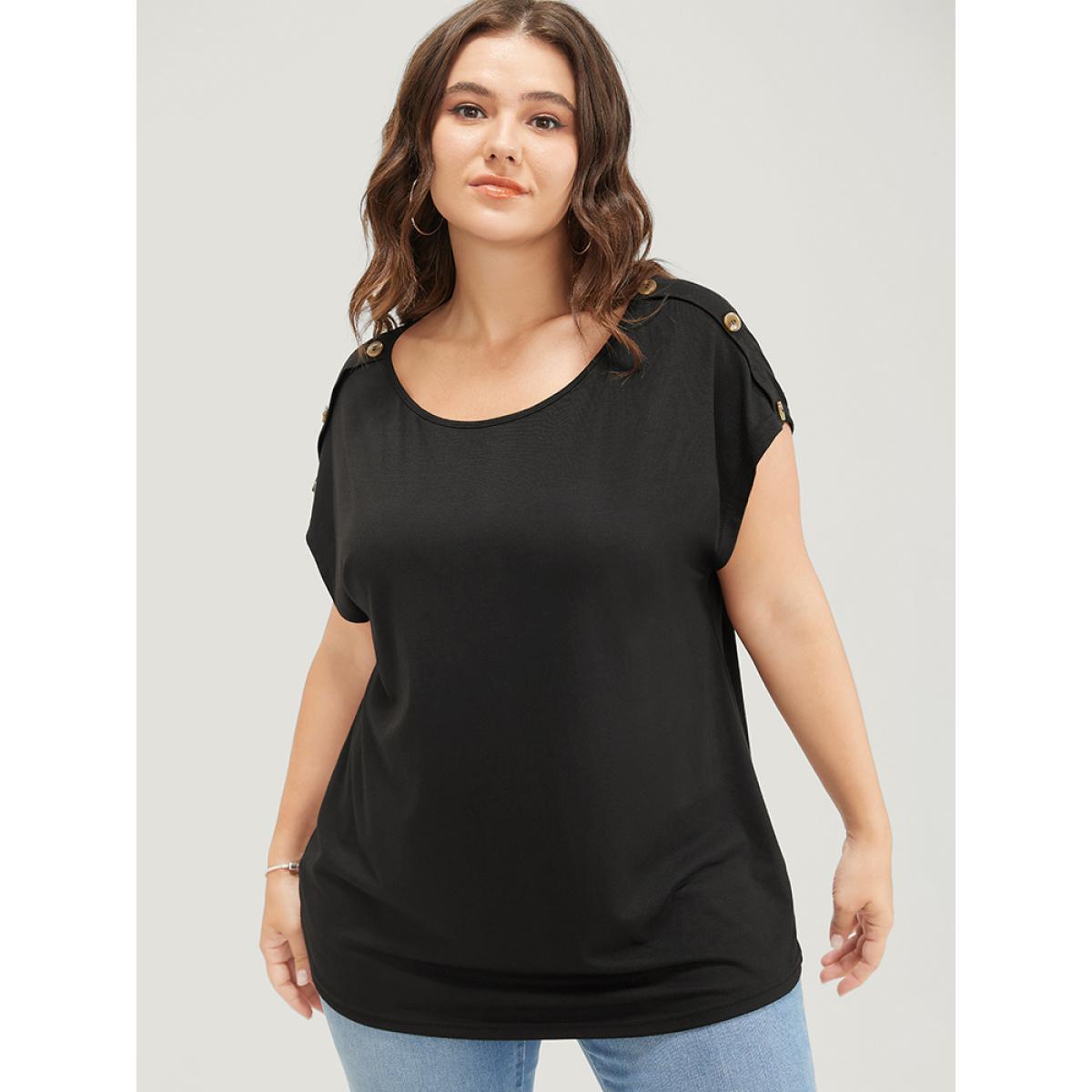 Plus Size Solid Button Detail Round Neck Batwing Sleeve T-shirt Black Women Casual Plain Round Neck Dailywear T-shirts BloomChic 30/6X Product Image