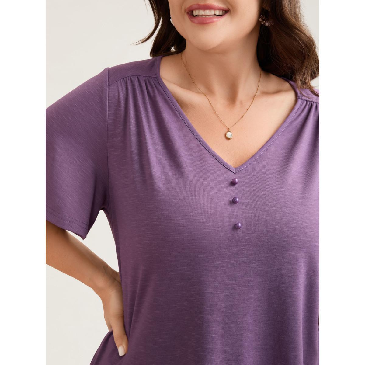 Plus Size Bamboo Textured Pleated Shoulder Button T-Shirt Mauve Women Elegant Gathered V-neck Everyday T-shirts BloomChic 28/5X Product Image