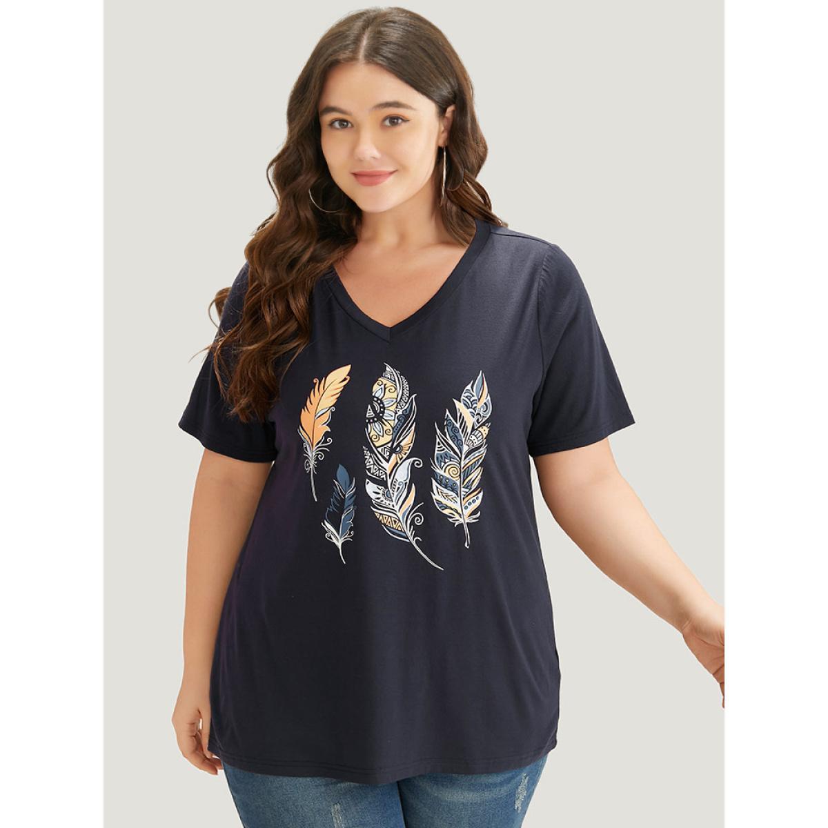 Plus Size Feather Print V Neck T-shirt Indigo Women Casual Printed Art&design Dailywear T-shirts BloomChic 26/4X Product Image