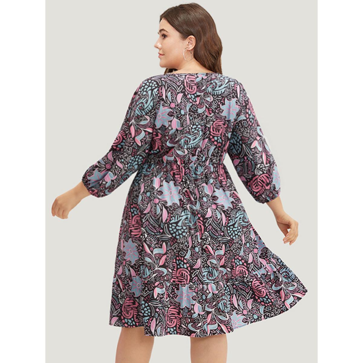 Plus Size Floral Print Lantern Sleeve Elastic Waist Dress Multicolor Women Vacation Elastic cuffs V-neck Elbow-length sleeve Curvy Midi Dress BloomChic 26/4X Product Image