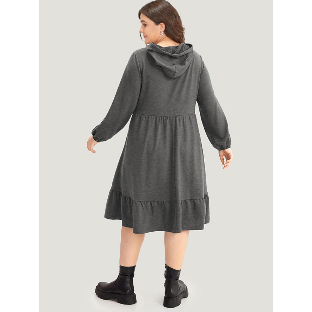 Plus Size Hooded Lantern Sleeve Flutter Hem Dress DimGray Women Casual Elastic cuffs Hooded Long Sleeve Curvy Midi Dress BloomChic 10/M Product Image