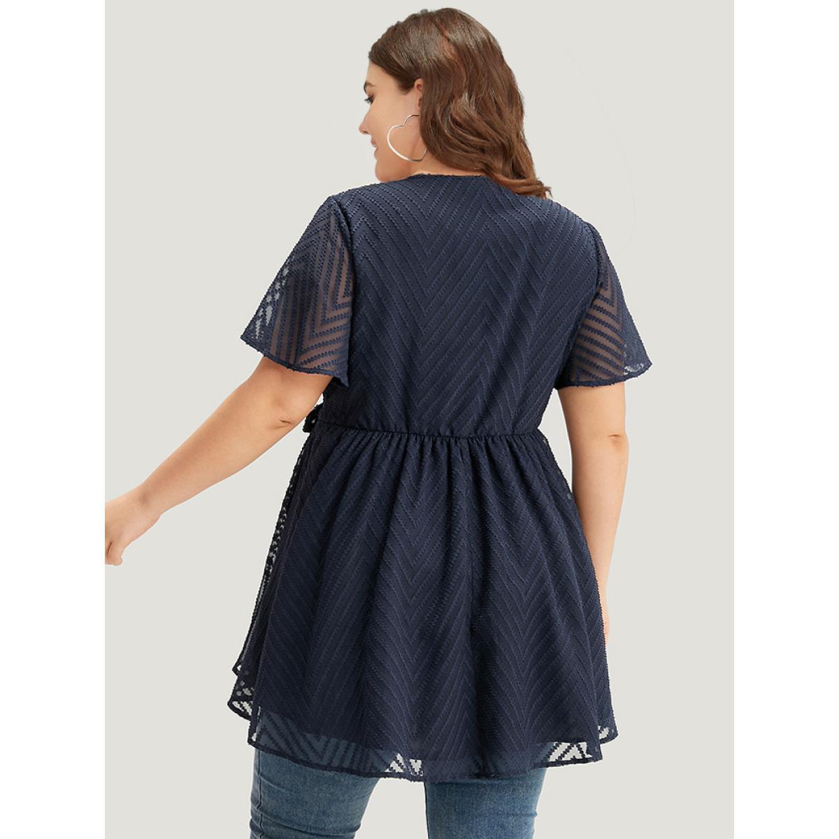 Plus Size Indigo Plain Textured Belted Wrap Mesh Flutter Sleeve Blouse Women Elegant Short sleeve V-neck Dailywear Blouses BloomChic 26/4X Product Image