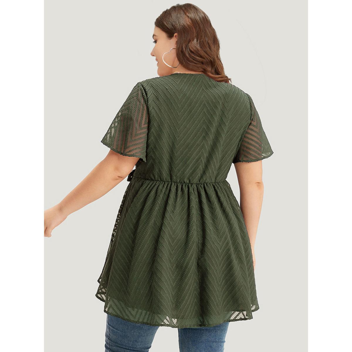 Plus Size ArmyGreen Plain Textured Belted Wrap Mesh Flutter Sleeve Blouse Women Elegant Short sleeve V-neck Dailywear Blouses BloomChic 26/4X Product Image