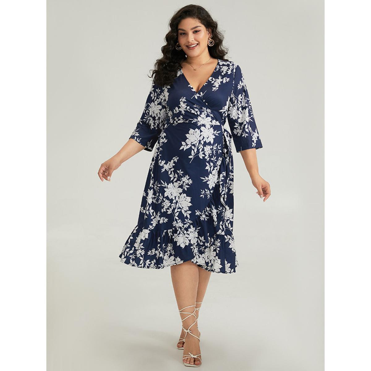 Plus Size Silhouette Floral Print Ties Wrap Dress Indigo Women Elegant Cross straps V-neck Elbow-length sleeve Curvy Midi Dress BloomChic 10/M Product Image
