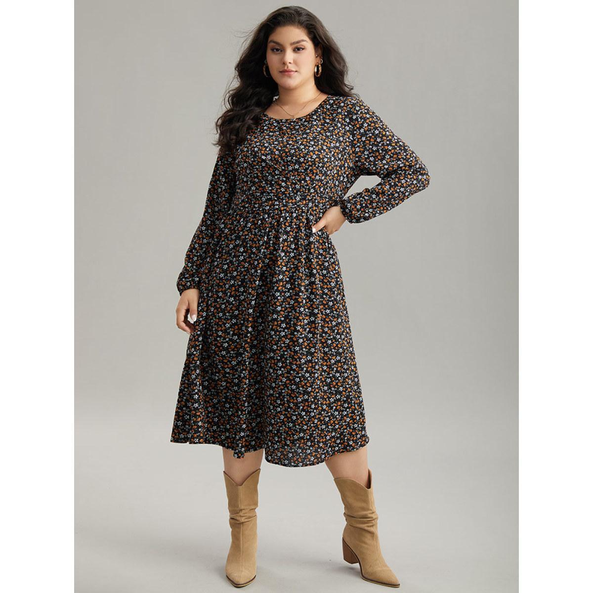Plus Size Ditsy Floral Pocket Lantern Sleeve Knee Dress Black Women Elegant Elastic cuffs Round Neck Long Sleeve Curvy Midi Dress BloomChic 28/5X Product Image