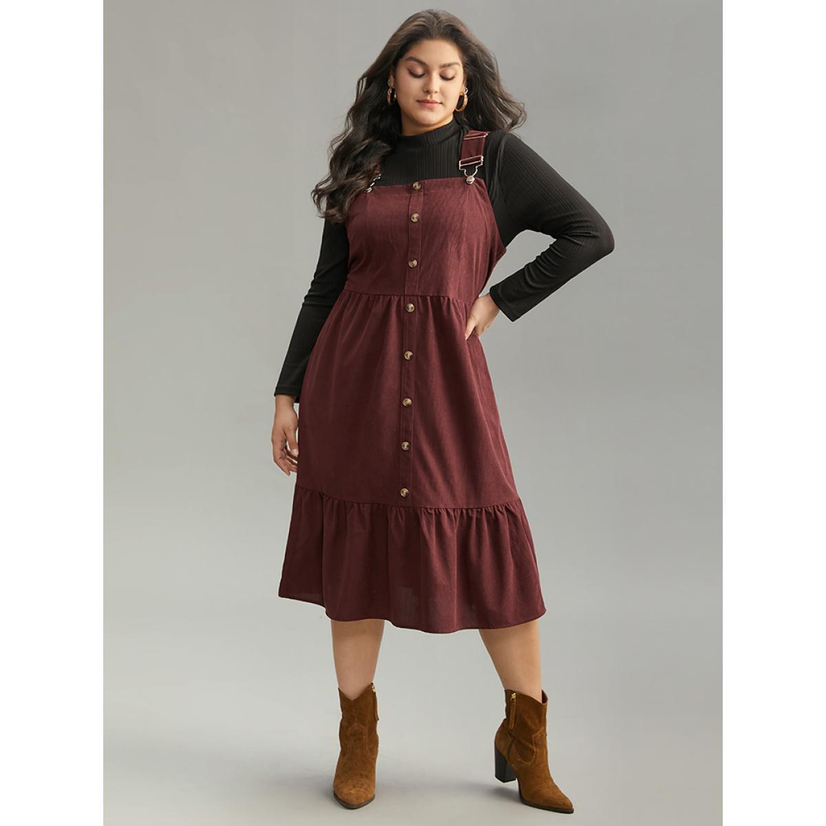 Plus Size Corduroy Button Detail Ruffles Adjustable Straps Dress Chocolate Women Casual Adjustable Straps Spaghetti Strap Sleeveless Curvy Midi Dress BloomChic 10/M Product Image