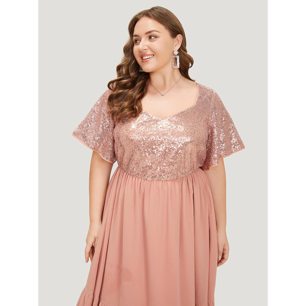 Plus Size Sequin Patchwork Belted Flutter Hem Midi Dress Crepe Women Party Lined V-neck Short sleeve Curvy Midi Dress BloomChic 22-24/3X Product Image