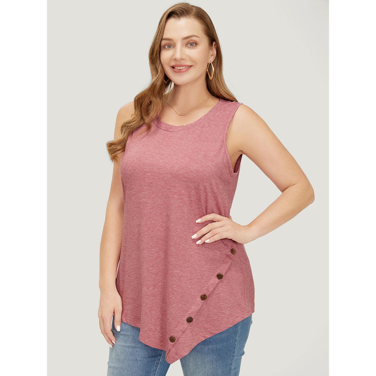 Plus Size Plain Asymmetrical Hem Button Detail Tank Top Women Russet Casual Button Round Neck Dailywear Tank Tops Camis BloomChic 10/M Product Image