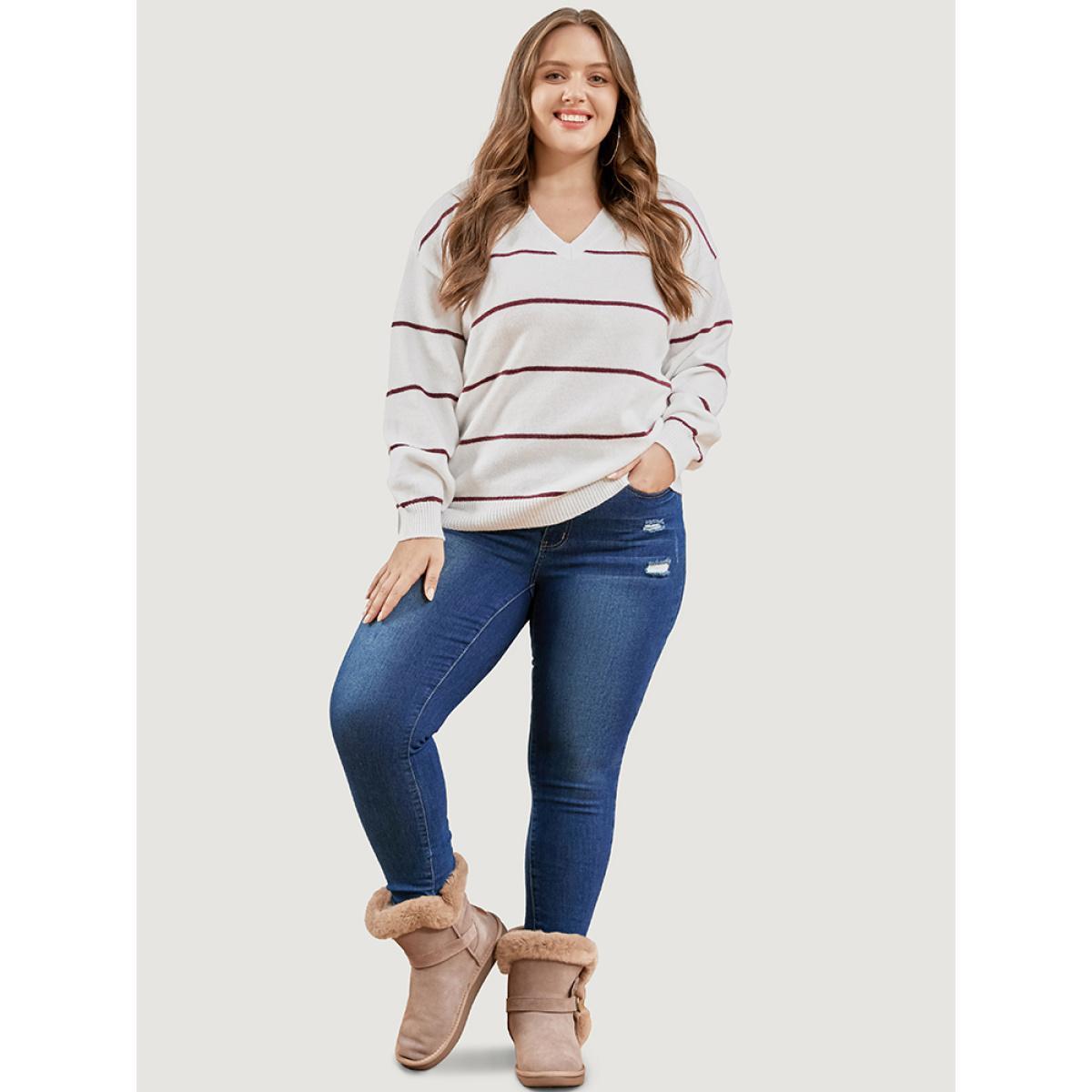 Plus Size Striped Contrast Super Soft Plush Knit V Neck Knit Top Ivory Women Casual Loose Long Sleeve V-neck Dailywear Pullovers BloomChic 26/4X Product Image