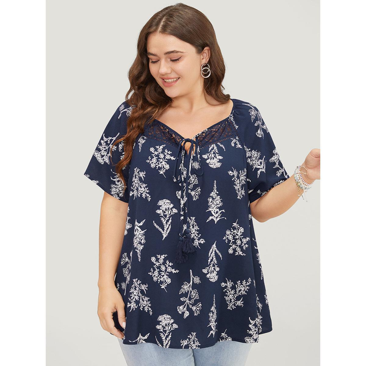 Plus Size Indigo Floral Tassels Tie Neck Contrast Lace Blouse Women Elegant Short sleeve Tie Neck Dailywear Blouses BloomChic 18-20/2X Product Image