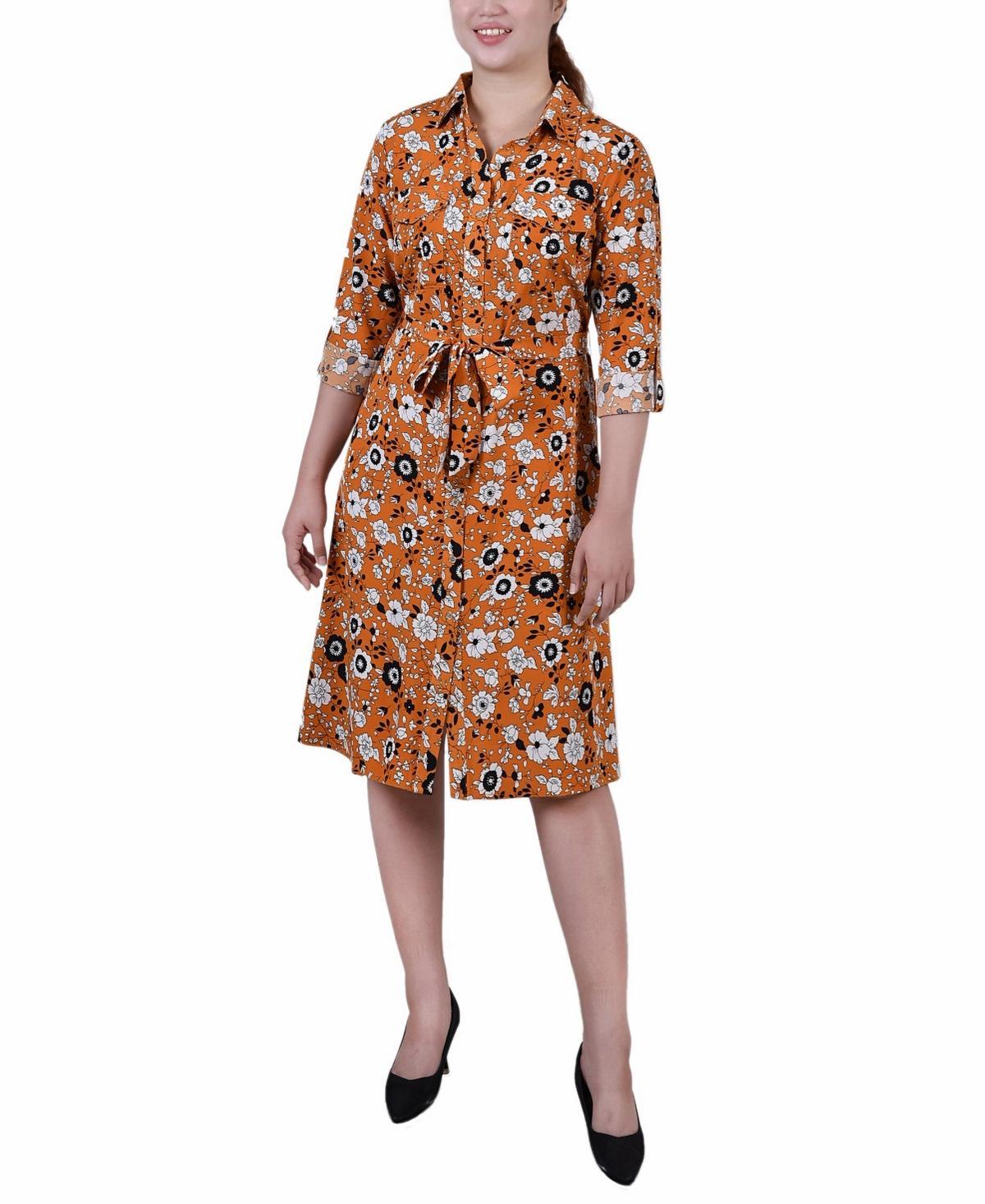 Ny Collection Petite Printed Long Sleeve Roll Tab Shirtdress Product Image