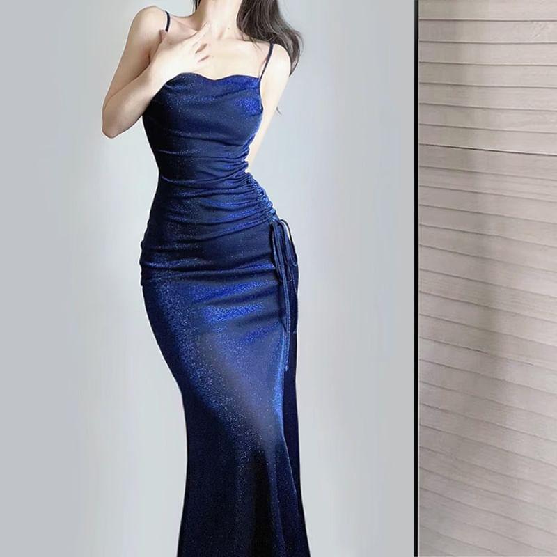 Spaghetti Strap Plain Glitter Drawstring Slit Midi A-Line Dress Product Image