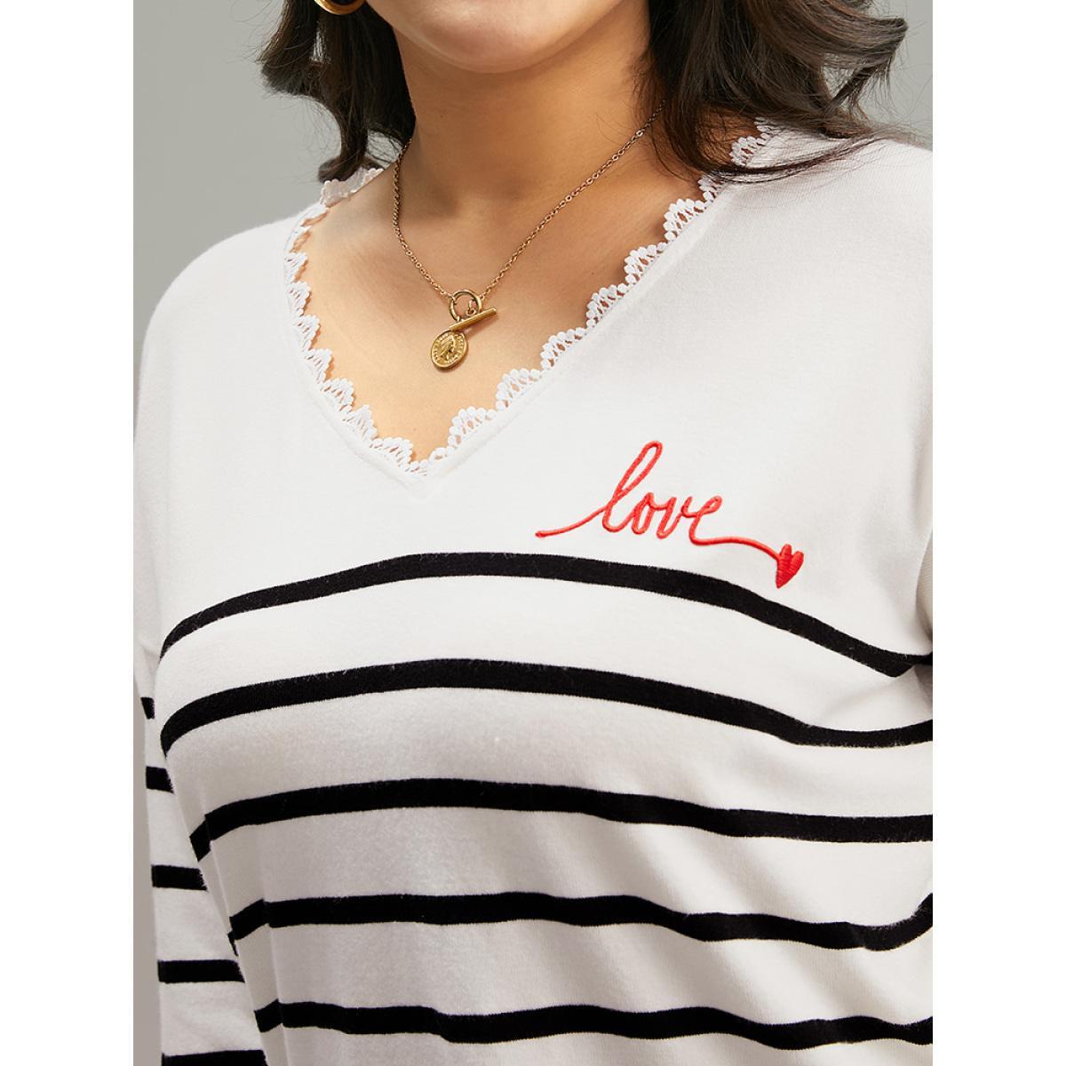 Plus Size Supersoft Essentials Striped Letter Embroidered Lace Panel Pullover Beige Women Casual Loose Long Sleeve V-neck Dailywear Pullovers BloomChic 28/5X Product Image