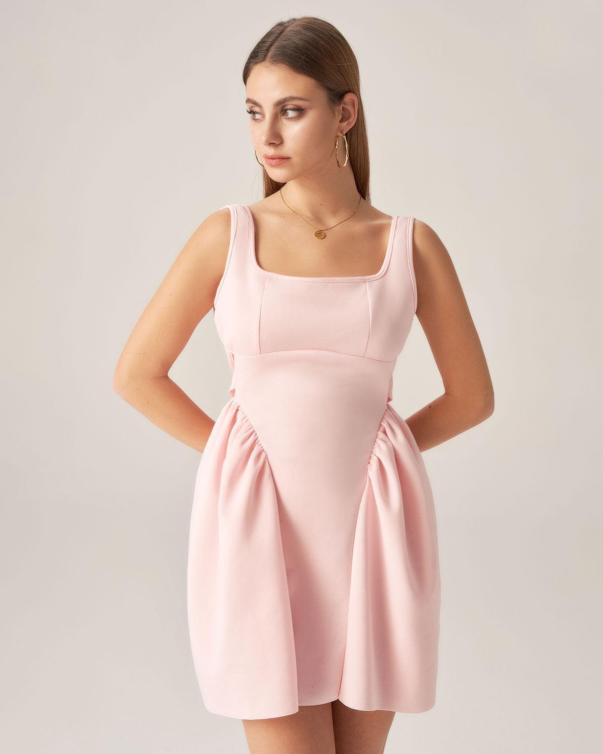 Bettydress-Pink Square Neck Bowknot Mini Dress Product Image