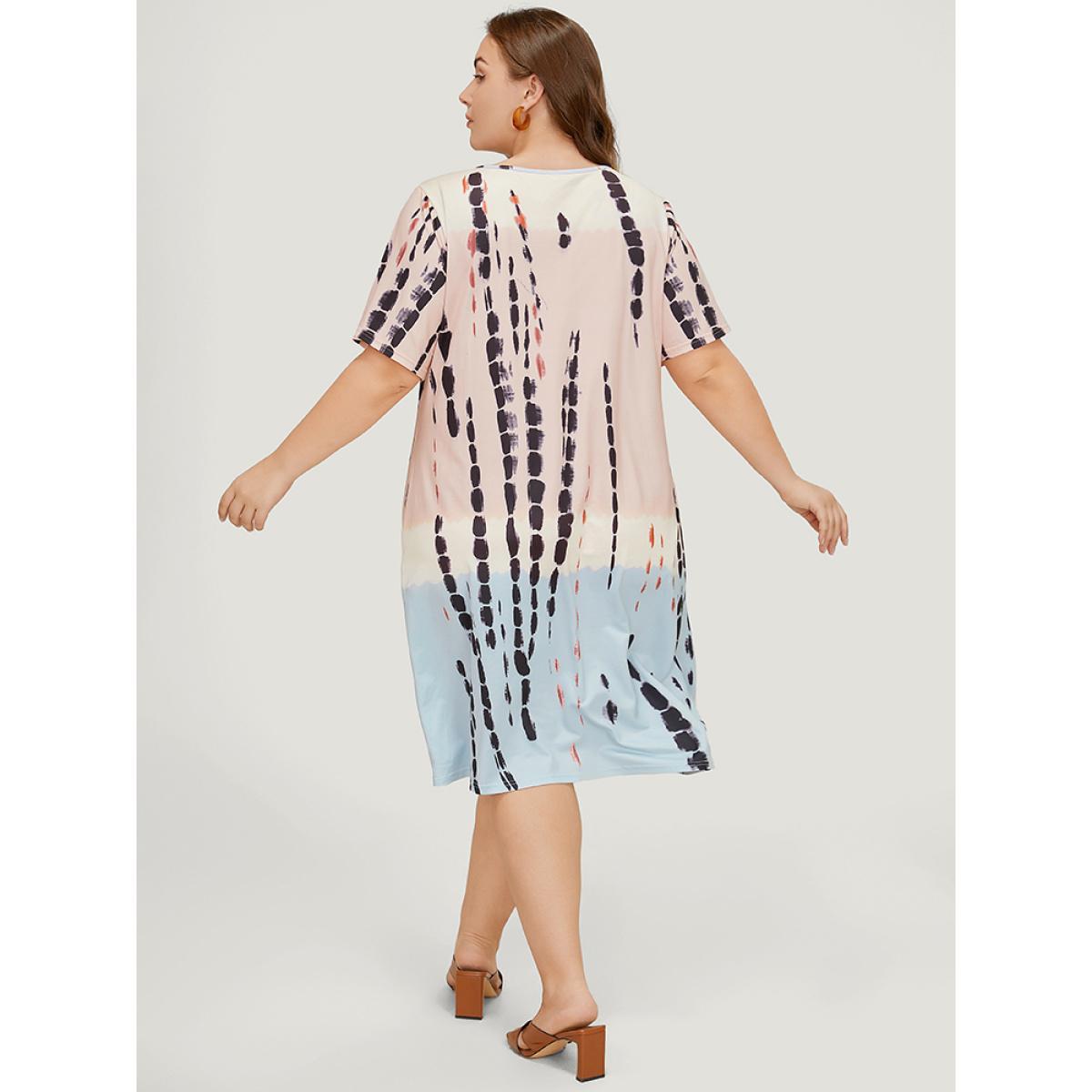 Plus Size Tie Dye Crew Neck Pocket Color Block Contrast Dress Multicolor Women Vacation Contrast Round Neck Short sleeve Curvy Midi Dress BloomChic 26/4X Product Image