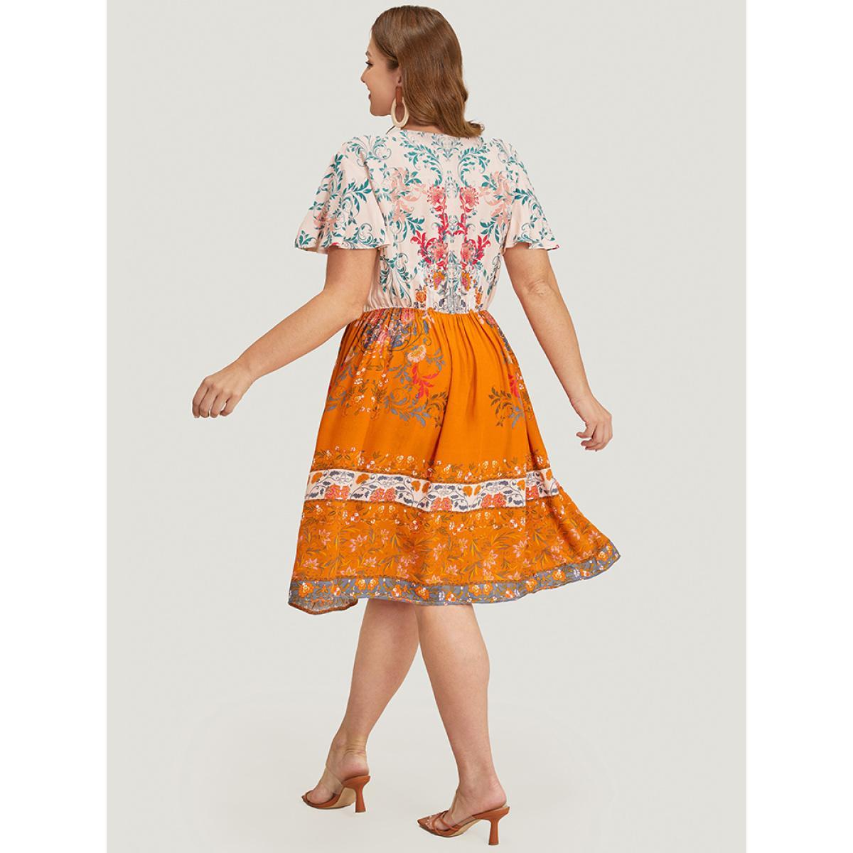 Plus Size Bandana Print Ruffle Sleeve Pocket Tie Neck Tassels Dress Coral Women Vacation Tassels Tie Neck Short sleeve Curvy Knee Dress BloomChic 14-16/1X Product Image