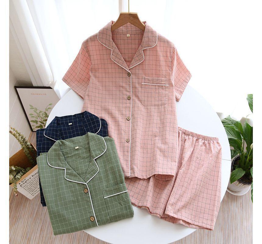 Couple Matching Pajama Set: Short-Sleeve Collared Plaid Top + Elastic Waist Shorts Product Image