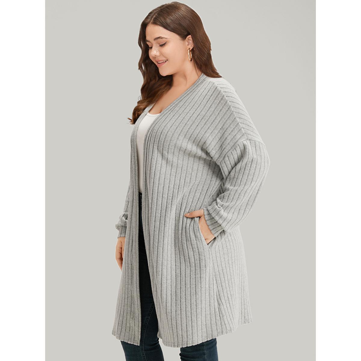 Plus Size Plain Pocket Texture Open Front Kimono Women Gray Casual Texture Pocket Dailywear Kimonos BloomChic 12/L Product Image
