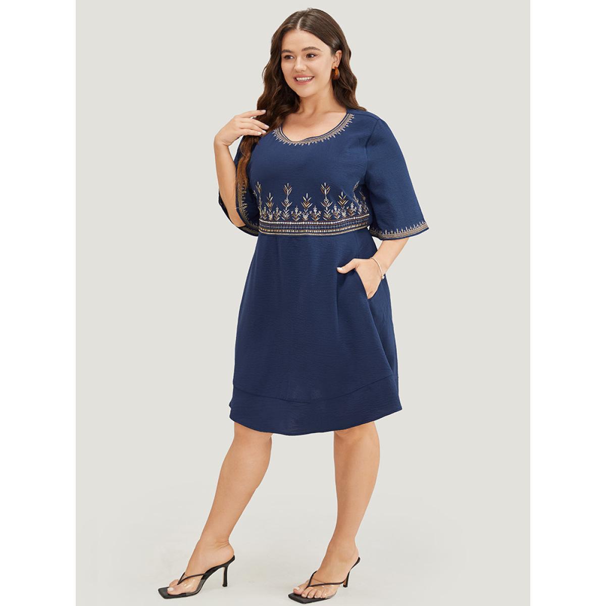 Plus Size Plant Embroidered Pocket Ruffle Sleeve Knee Dress Navy Women Vacation Embroidered Round Neck Short sleeve Curvy Knee Dress BloomChic 18-20/2X Product Image