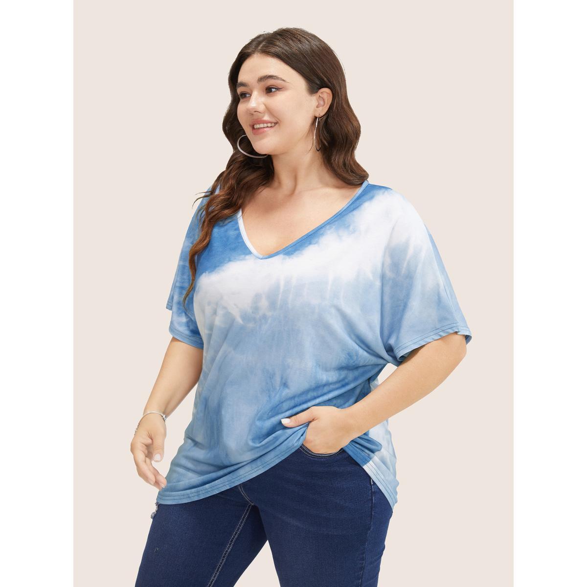 Plus Size Tie Dye Drop Shoulder V Neck T-shirt Stone Women Resort Tie Dye V-neck Vacation T-shirts BloomChic 18-20/2X Product Image