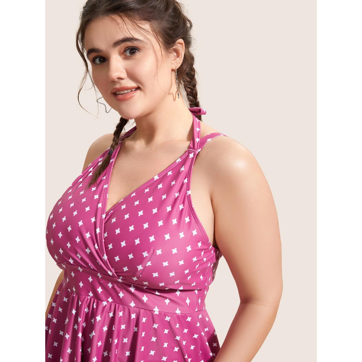 Plus Size Overlap Collar Geometric Tie Knot Swim Dress Women's Swimwear Deeppurplered Beach Bodycon Overlap Collar High stretch Curve Swim Dresses BloomChic 12/L Product Image
