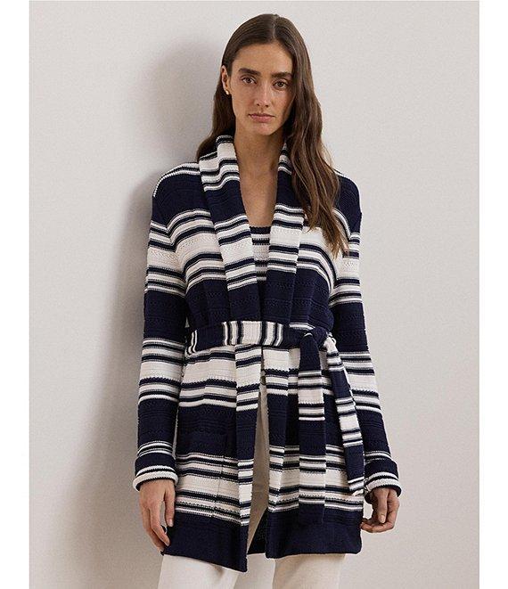 Lauren Ralph Lauren Cotton-Blend Stripe Shawl Collar Long Sleeve Belted Cardigan Product Image