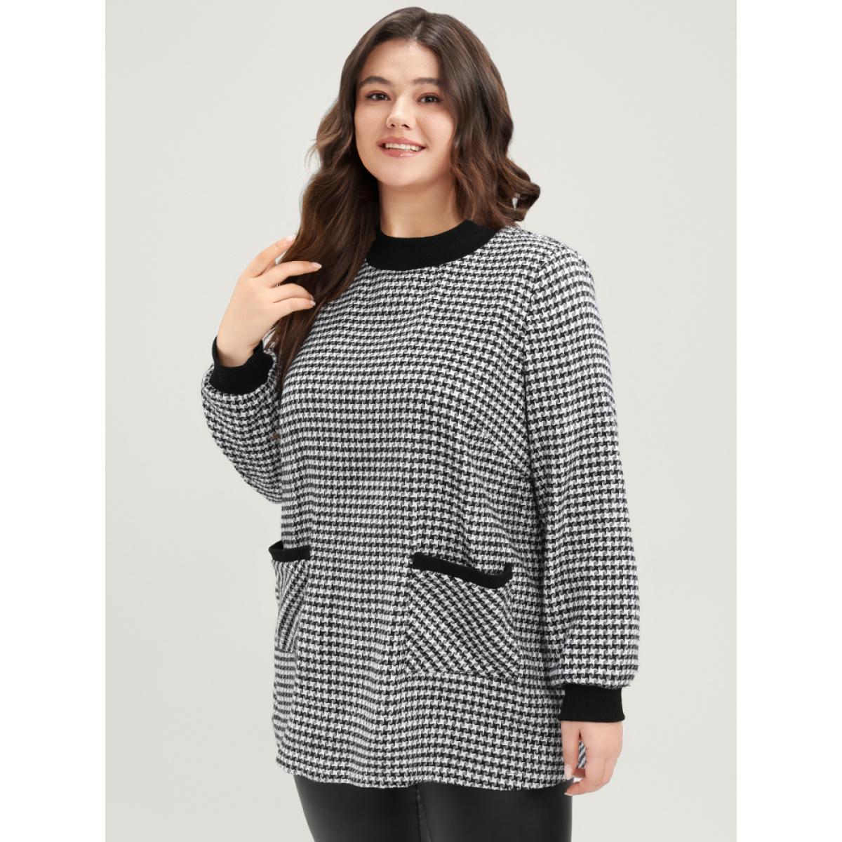 Plus Size Contrast Trim Pocket Mock Neck Houndstooth Sweatshirt Women Black Elegant Contrast Mock Neck Dailywear Sweatshirts BloomChic 28/5X Product Image