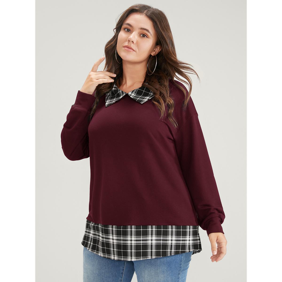 Plus Size Plaid Print Drop Shoulder 2-In-1 Sweatshirt Women Burgundy Casual Lapel Collar Dailywear Sweatshirts BloomChic 18-20/2X Product Image