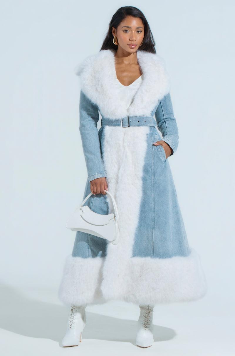VIVIAN FUR TRIM COAT IN DENIM Product Image