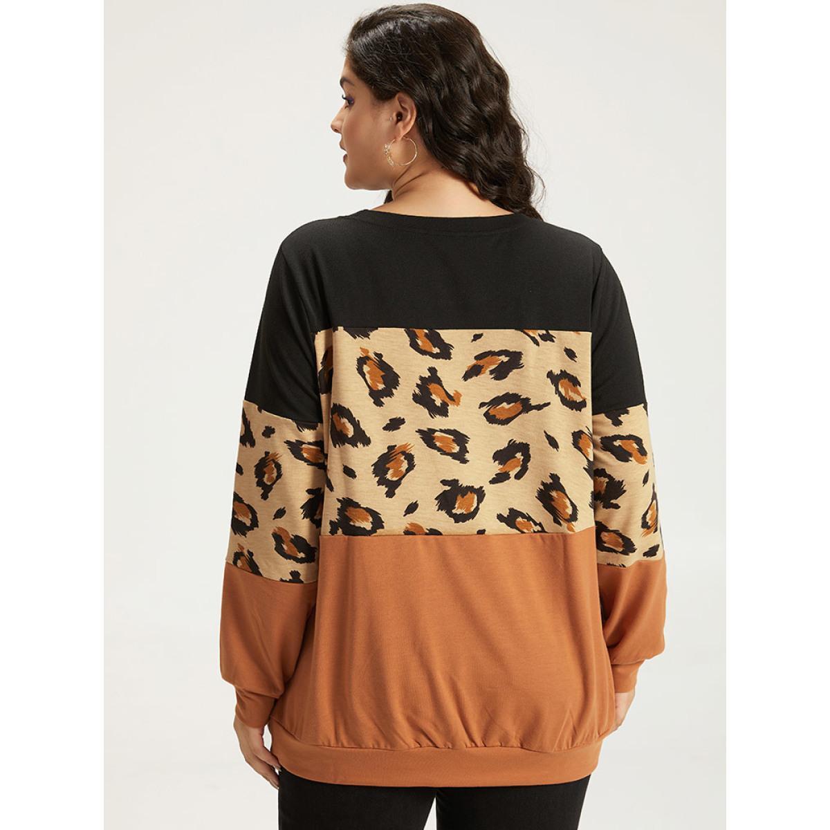 Plus Size Halloween Leopard Patchwork Contrast Sweatshirt Women Multicolor Casual Contrast Round Neck Festival-Halloween Sweatshirts BloomChic 18-20/2X Product Image