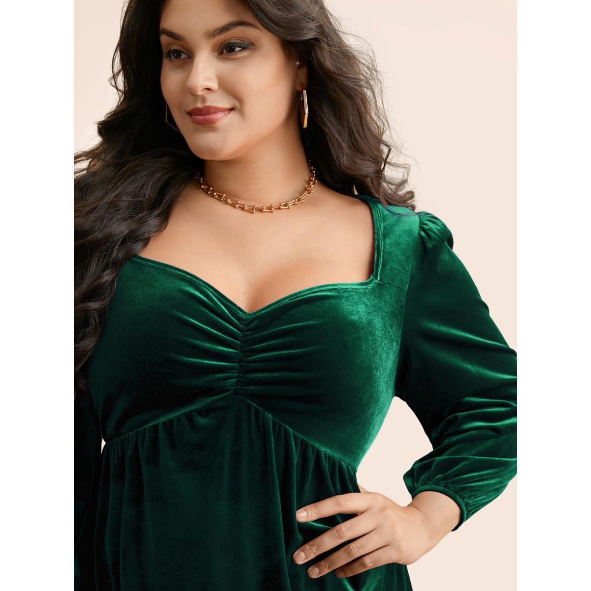 Plus Size Eggplant Velvet Heart Neckline Gathered Blouse Women Elegant Three Quater Length Sleeve Heart neckline Everyday Blouses BloomChic 12/L Product Image