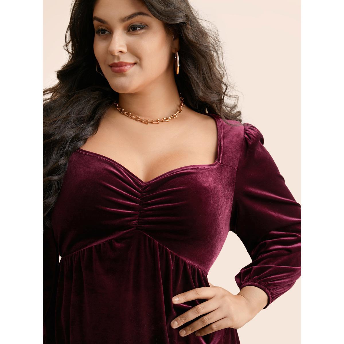 Plus Size Eggplant Velvet Heart Neckline Gathered Blouse Women Elegant Three Quater Length Sleeve Heart neckline Everyday Blouses BloomChic 12/L Product Image