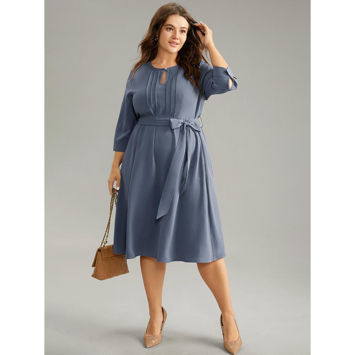 Plus Size Anti-Wrinkle Solid Belted Pleated Keyhole Dress Stone Women Office Plain Keyhole Cut-Out Elbow-length sleeve Curvy Midi Dress BloomChic 26/4X Product Image