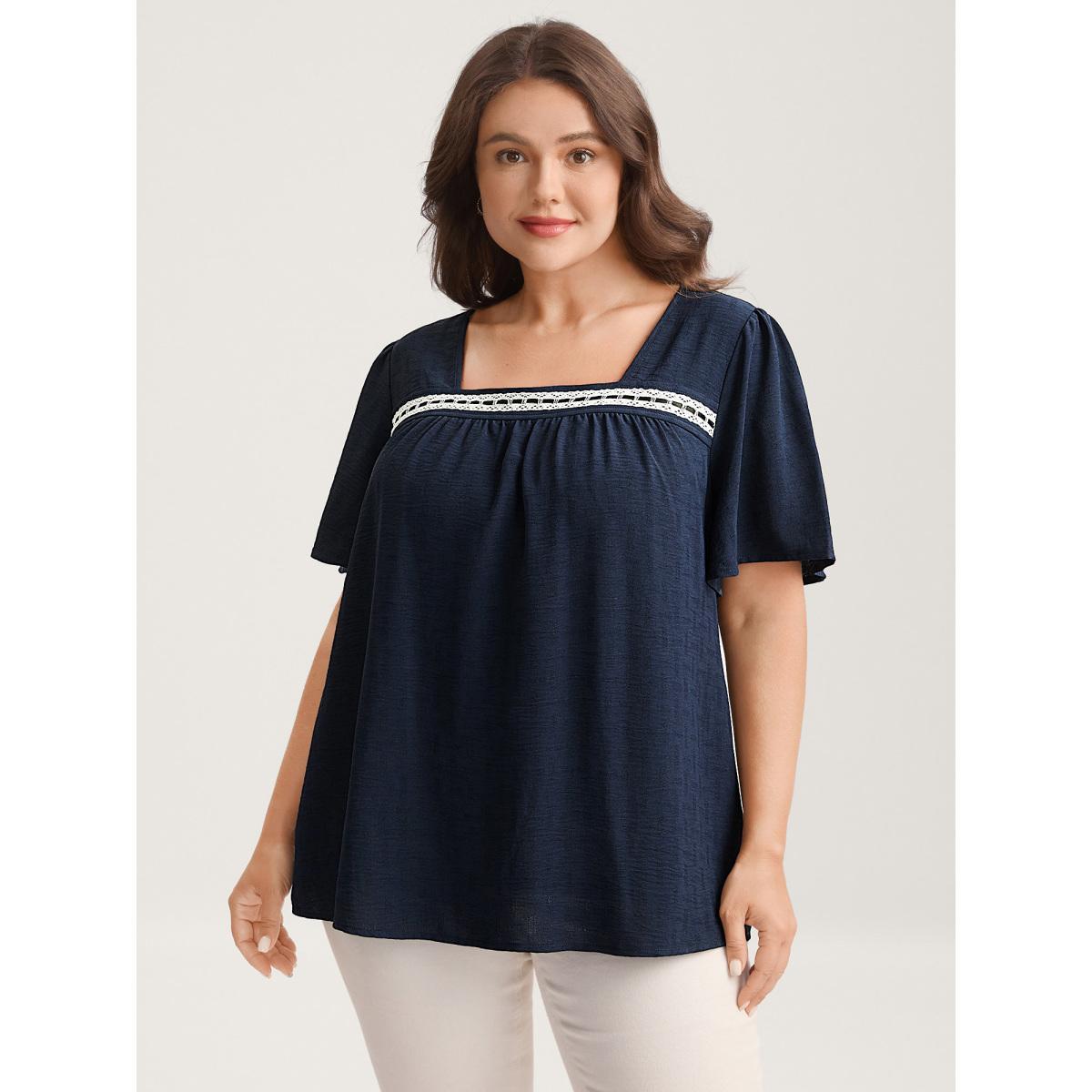 Plus Size Indigo Square Neck Lace Pleated Blouse Women Short sleeve Square Neck Everyday-Elegant Blouses BloomChic 18-20/2X Product Image