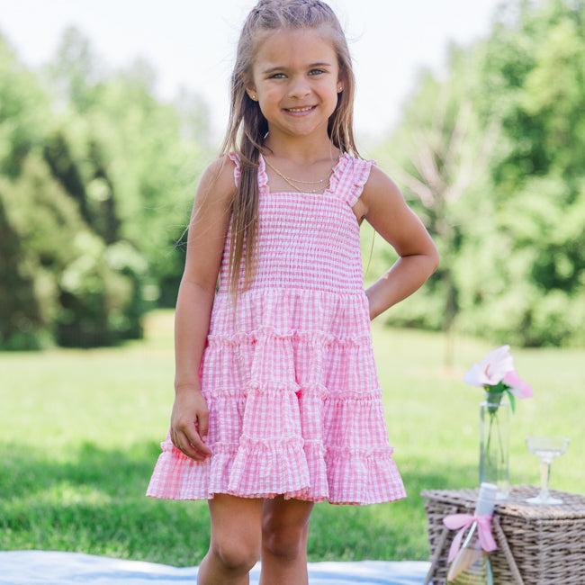 Kid's Time Spent Together Pink Gingham Smocked Dress Product Image